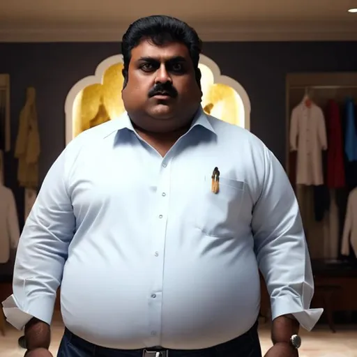 Prompt: a big fat Indian man with clothes staring menacingly