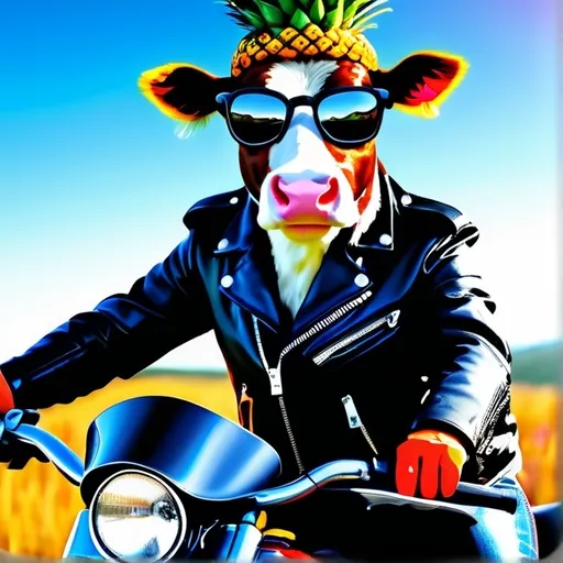 Prompt: a real milk cow riding a harley davidson with a pineapple helmet and biker jacket
