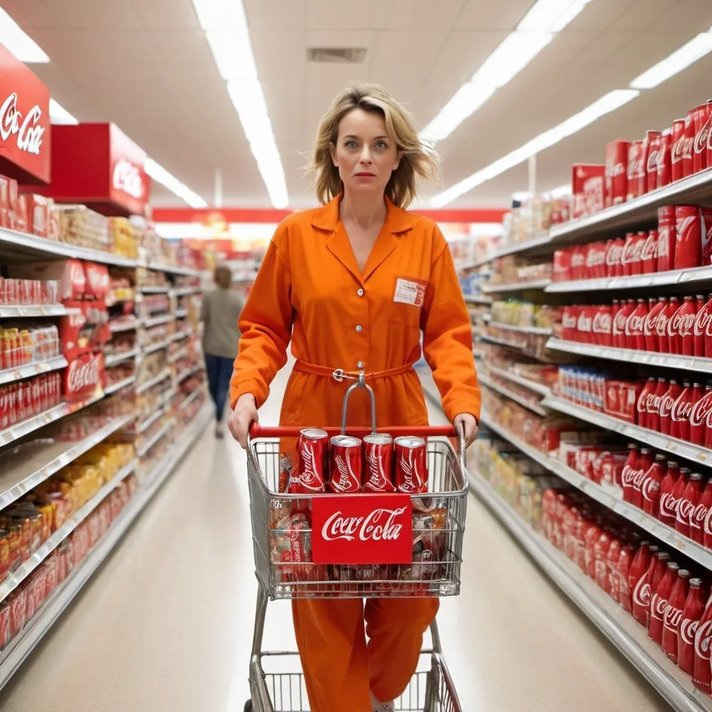 Prompt: A lady in her thirties walking through a supermarket pushing a shopping trolley full of Coca Cola and Kellogg’s cornflakes. The lady is wearing an orange prison jumpsuit and has a ball and chain around her left ankle. She has an unhappy look on her face.