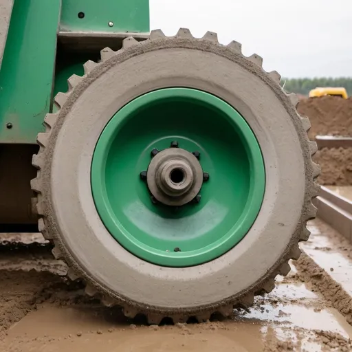 Prompt: create a closeup image of a concrete agitator's wheels on an unstable dirt worksite.  The colour of the agitator's frame is green.