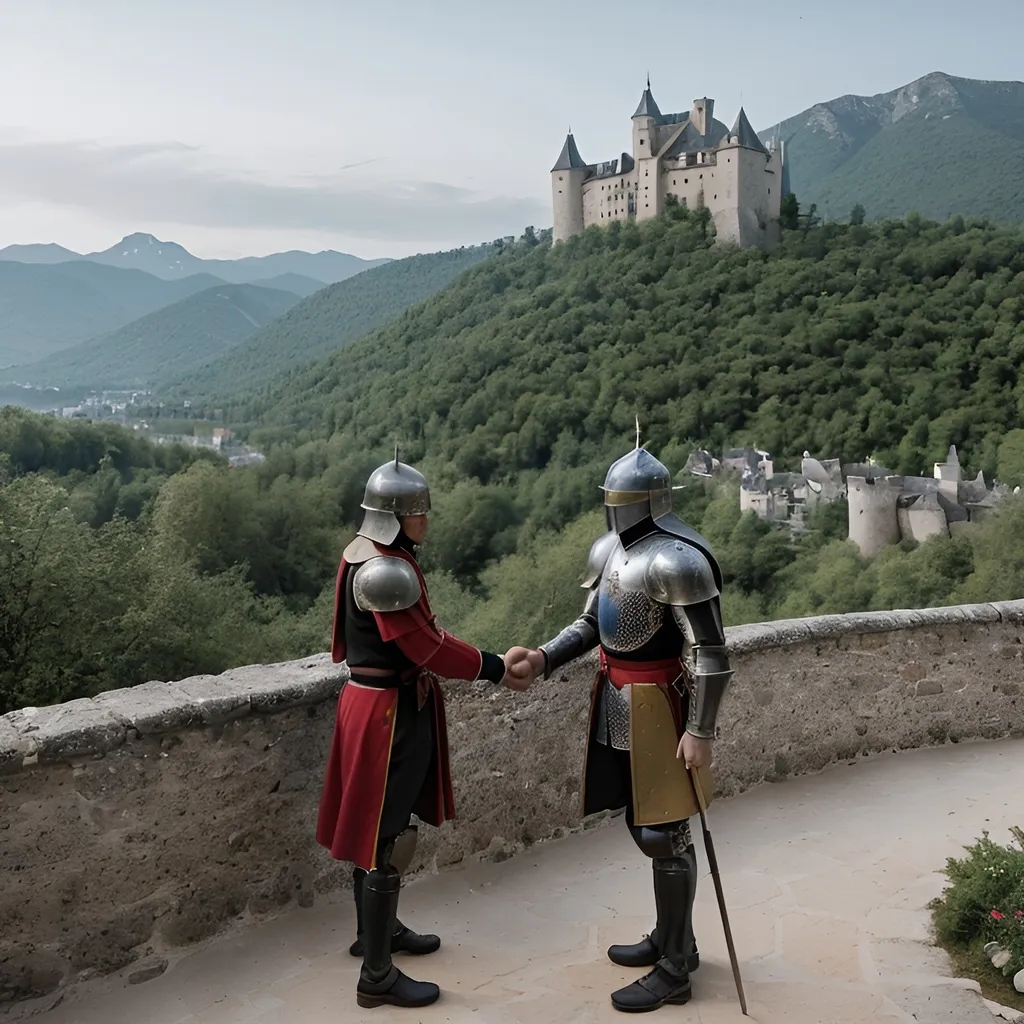 Prompt: two knights shaking hands in the mountains with a view of a castle in the back with a village