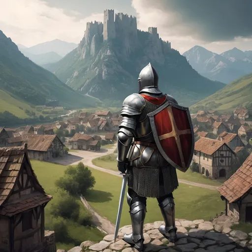 Prompt: armored knight, staring at a village into the mountains