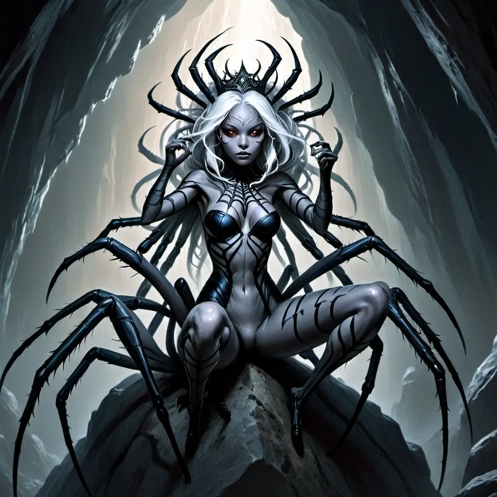 Prompt: A breathtaking illustration of an spider eight-legged, humanoid creature with stunning beauty, set against the backdrop of a dimly-lit cavern. The creature, with dark grey skin and cascading white hair, exudes an air of majesty and command with her intricately designed crown-like headpiece. Her fierce stance embodies the mysteries of the underdark, creating an enigmatic atmosphere that captivates the viewer and draws them into the fantastical world she inhabits 