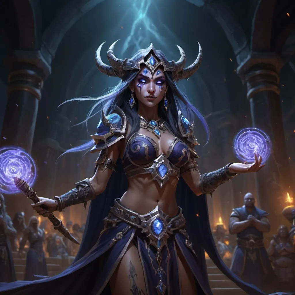 Prompt: a full angle shot of a world of Warcraft style female sorceress, dancing at a ceremony with blades, super detailed eyes, their otherworldly markings, casting a dramatic, dark atmosphere over the entire scene, dark theme, epic, masterpiece 

