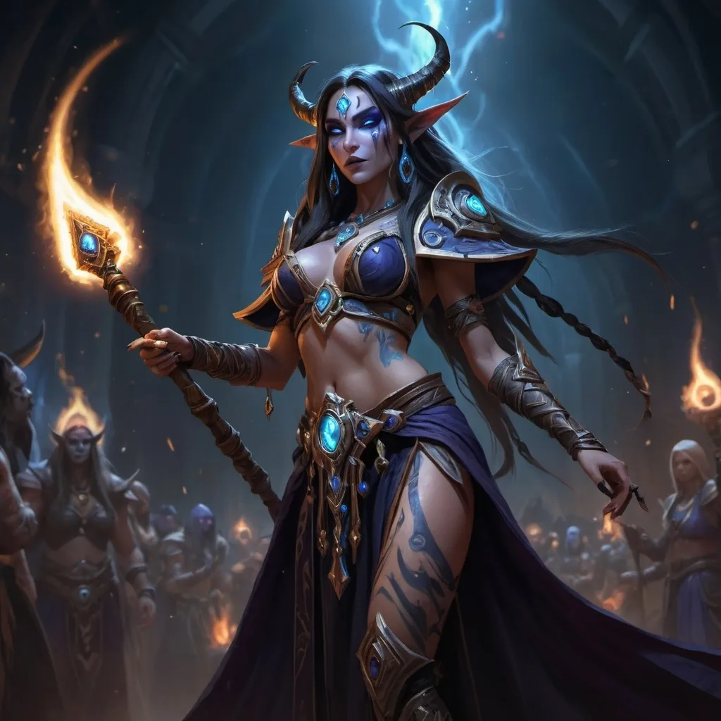 Prompt: a full angle shot of a world of Warcraft style female sorceress, dancing at a ceremony with blades, super detailed eyes, their otherworldly markings, casting a dramatic, dark atmosphere over the entire scene, dark theme, epic, masterpiece 

