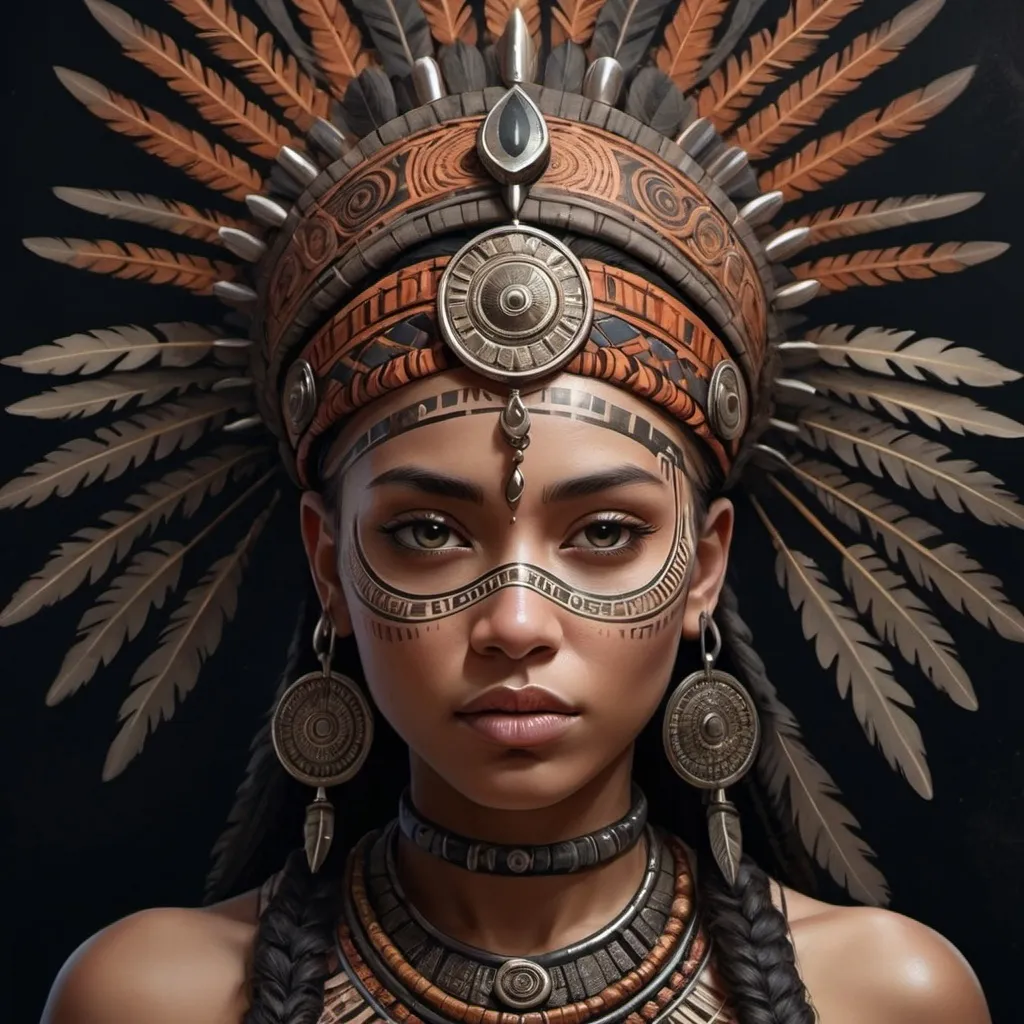 Prompt: A digital illustration of a mesmerizing tribal female warrior. Her head is adorned with intricate patterns and elements, on her head a intricate headdress creating a striking contrast against the dark backdrop, her features highlighted by the intricate lines and patterns that harmoniously blend together. The dark fantasy atmosphere envelops the piece, evoking a sense of mystery and wonder. The cinematic essence of the composition creates an immersive and captivating visual experience

