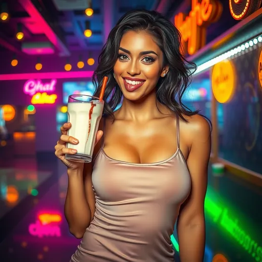 Prompt: Brunette woman with (oiled olive skin), licking milkshake from her upper lip, wearing a (flattering mini dress), showcasing an (athletic body), (vibrant nightclub atmosphere), colorful neon lights reflected, (dynamic dance floor in the background), smiling playfully, (high depth, ultra-detailed), warm and appealing ambiance, luxurious decor, (photorealistic), (high-energy vibe).