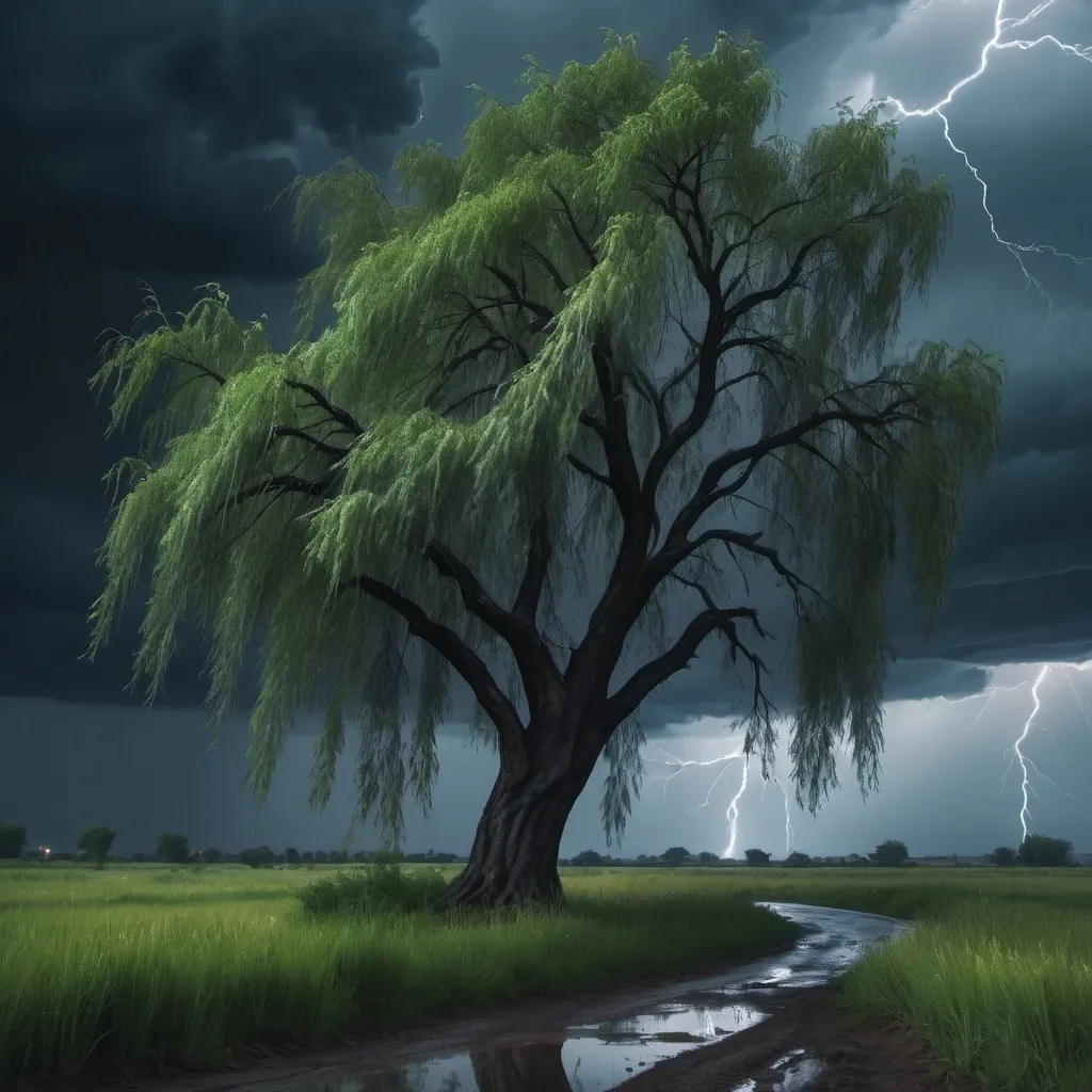 A willow tree in a scary storm