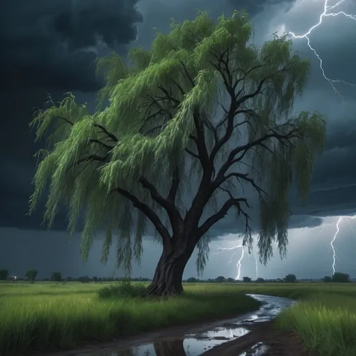 Prompt: A willow tree in a scary storm
