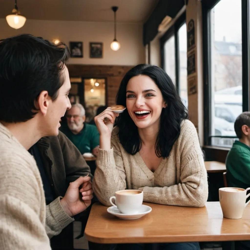 Prompt: Woman with dark green eyes, full lips, black hair, having a coffee in a cafe. She is sitting at a table with a boy and an old man. She is wearing a low-cut beige sweater. 
They are talking and she is laughing out loud.