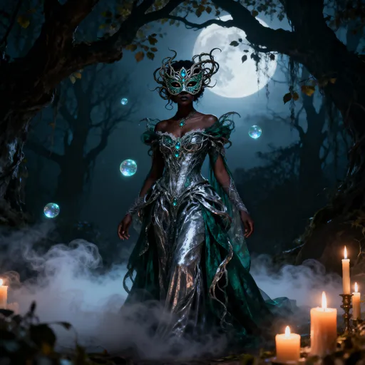Prompt: Dramatic Ominous Samhain themed Fae Masquerade Costume on a dark skinned woman