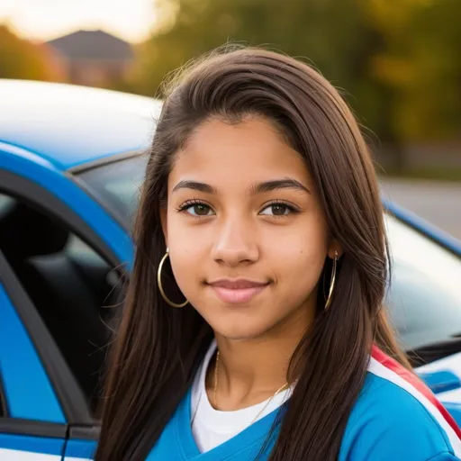 Prompt: School photo of a young 15 year old mixed ethnicity girl really into street racing and hip hop