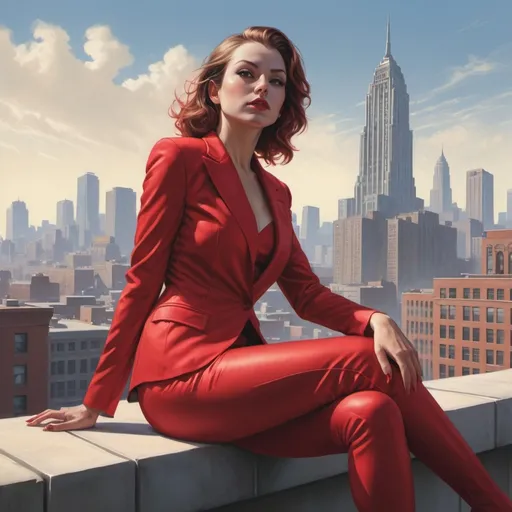 Prompt: a woman in a red suit sitting on a ledge with a city in the background and a building in the background, Alex Ross, photorealism, stanley artgerm lau, concept art