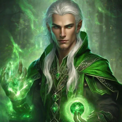 Prompt: A powerful male mage with green magic who is a elven like species and green eyes