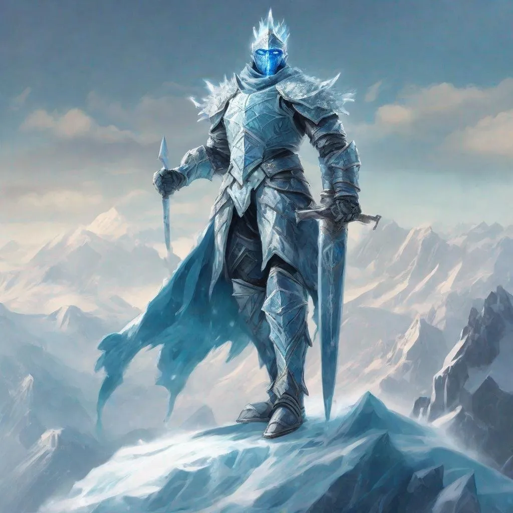 Prompt: A Powerful Ice Knight on top of a mountain