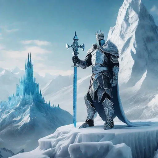 Prompt: An ice knight king standing in front of his kingdom on a mountain