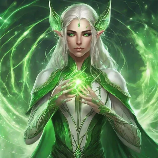 Prompt: A powerful mage with green magic who is a elven like species and green eyes