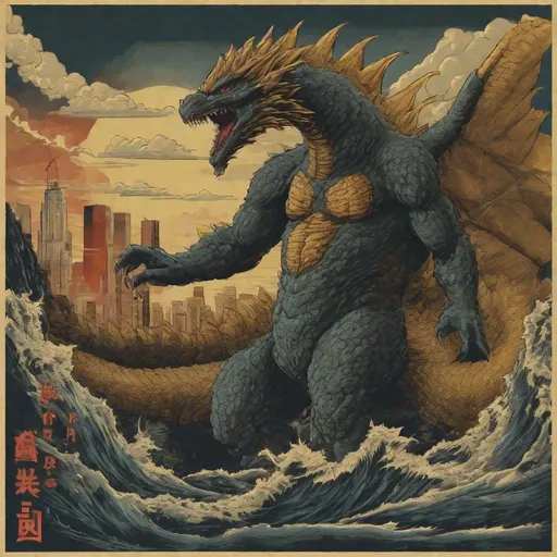 Prompt: A kaiju that is a combination of Godzilla and King Ghidorah in the style of a Godzilla poster