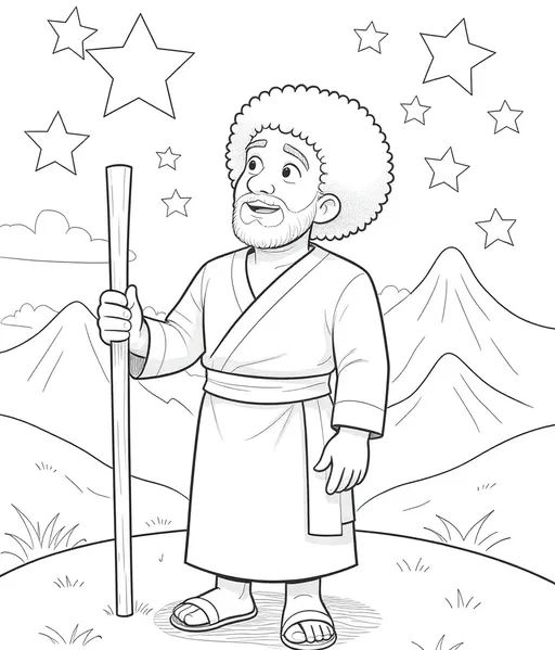 Prompt: Cartoon-style illustration of Abraham with Afro features, designed for a kids’ coloring book. He is older with short curly Afro hair and a full textured beard. Abraham wears a simple long robe with a sash at the waist and sandals. He holds a wooden staff and looks up at the sky full of big cartoon stars. The drawing must have bold, clean black outlines only, with no shading, no grayscale, and no gradients — pure line art for coloring. The background includes simple mountain shapes and a wide night sky. Make it clear, simple, and easy for children to color.