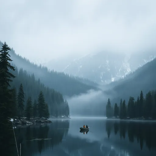 Prompt: Mountain landscape, fir forest in the mountains, lake in the foreground, small boat on the lake, people fishing on the small boat, trees reflected in the lake water, snow-covered mountains in the background, foggy and snowy landscape, dark and cold atmosphere, contrasting shades