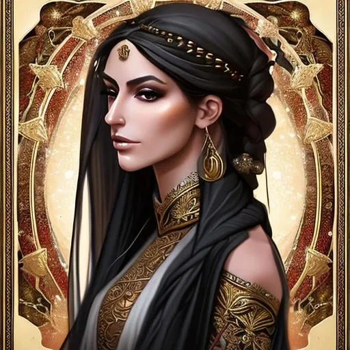 Prompt: Generate a fantasy digital art 1/4 headshot depiction of Lady Zahra al-Mansouri, a statuesque woman of Middle Eastern descent, with olive skin and piercing hazel eyes. She should be depicted in elegant flowing silken robes adorned with intricate golden embroidery, befitting her noble status. Her long, dark hair should be styled in elaborate braids, accentuated by jeweled hairpins. Ensure her captivating smile is highlighted, as it can disarm even the most hardened of hearts. The background should evoke a sense of luxury and opulence, perhaps with hints of exotic spices and rare artifacts to reflect her expertise as a skilled merchant. 