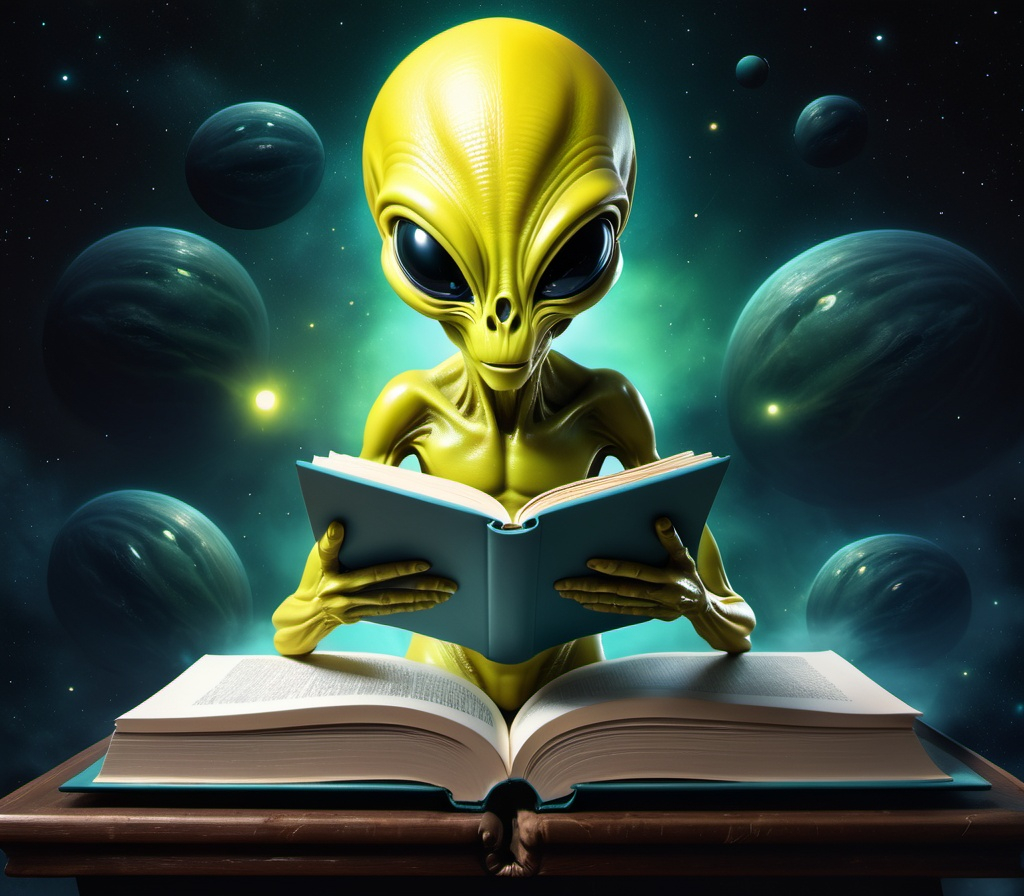 Prompt: Alien reading book illustration yellow colour 