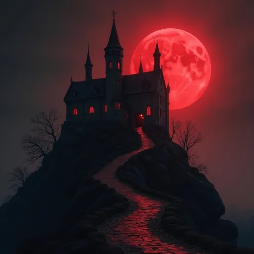 Prompt: a black and red castle for ampires with a red moon