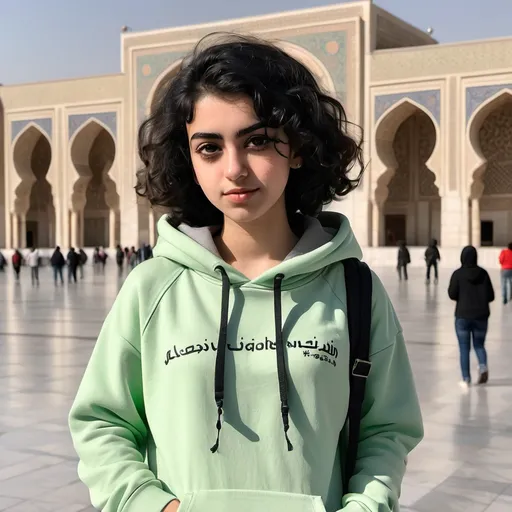 Prompt: A girl with fairly curly black hair and black eyes  
Light Green hoodie and bag jeans Standing in Naqsh Jahan square