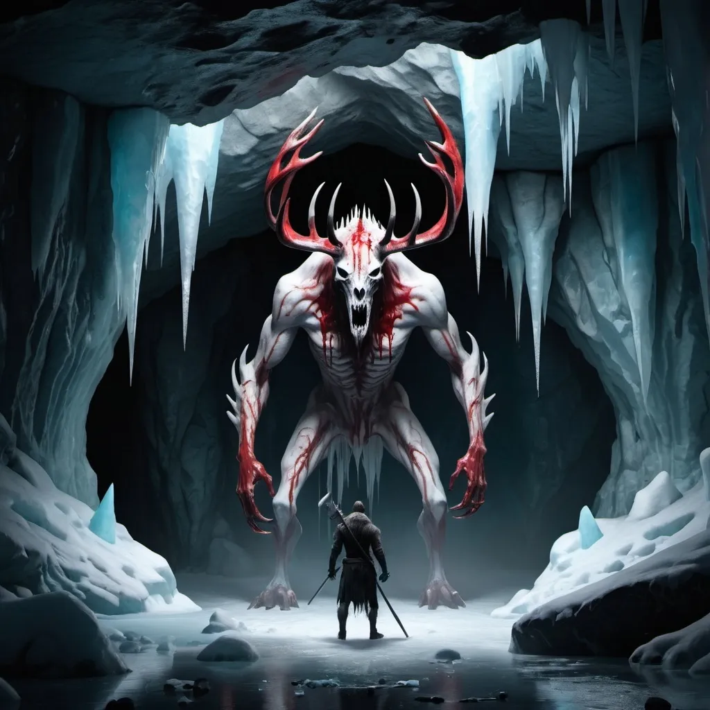 Prompt: Icy cave with blood on walls and wendigo standing in the middle