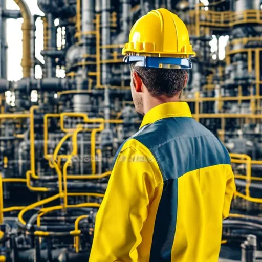 Prompt: ENGINERY WORKER IN PETRO FIELD FROM THE BACK, WITH YELLOW 