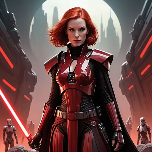 Prompt: Eldon Ax, a fiery red-haired Human female, standing confidently in the foreground of a chaotic Sith-controlled cityscape. Her eyes, sharp and focused, are set on the horizon where the gleaming spires of the Sith Academy pierce the smoky sky. She is dressed in the dark, form-fitting armor of an elite Sith Inquisitor, with red accents that match the intensity of her hair and the emblem of the Sith Empire on her chest. Behind her, a squadron of Sith Warriors and droids clash with a Republic strike team, their lightsabers and blasters creating a dazzling array of colors amidst the shadows. The scene is bathed in the crimson light of the setting sun, casting a dramatic glow on Ax's figure. Above the fray, a Republic starship hovers, adding to the tension of the impending battle. The ground beneath her is littered with the debris of war, symbolizing the tumultuous path she has taken from her origins as Cinzia Xandret to become a feared Sith leader. The background also reveals a massive, foreboding structure, hinting at the secrets and challenges that await her as she navigates the complex web of her past and the Sith's quest for power. The overall atmosphere is one of urgency and conflict, with the fate of worlds hanging in the balance as Eldon Ax stands as the pivotal point between the Sith Empire's relentless pursuit and the hope of a unified galaxy.