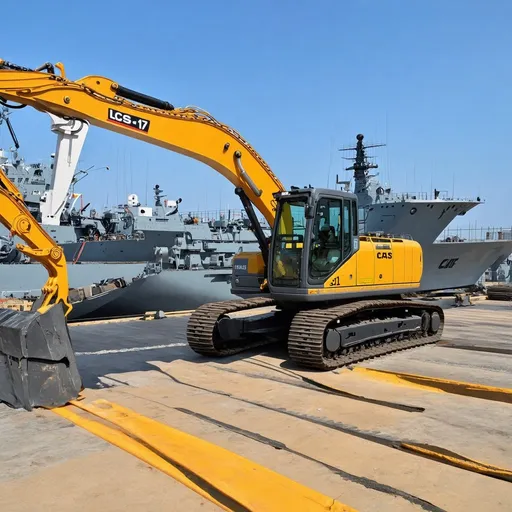 Prompt: LCS 17 on a pier, construction equipment, 'tip of the pier', high quality, realistic, industrial, naval, detailed, construction site, navy ship, pier, heavy machinery, maritime, professional, industrial lighting, detailed shadows, construction setting, pier construction, industrial theme, realistic colors, heavy-duty equipment