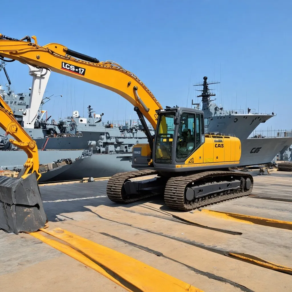 Prompt: LCS 17 on a pier, construction equipment, 'tip of the pier', high quality, realistic, industrial, naval, detailed, construction site, navy ship, pier, heavy machinery, maritime, professional, industrial lighting, detailed shadows, construction setting, pier construction, industrial theme, realistic colors, heavy-duty equipment