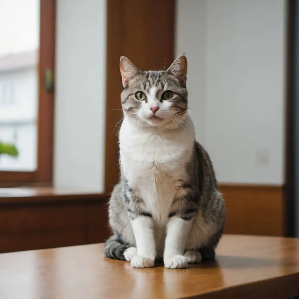 Prompt: A cat sitting on the table smiling 