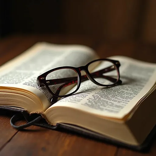 Prompt: Eine Brille die auf einer aufgeschlagenen Bibel liegt
