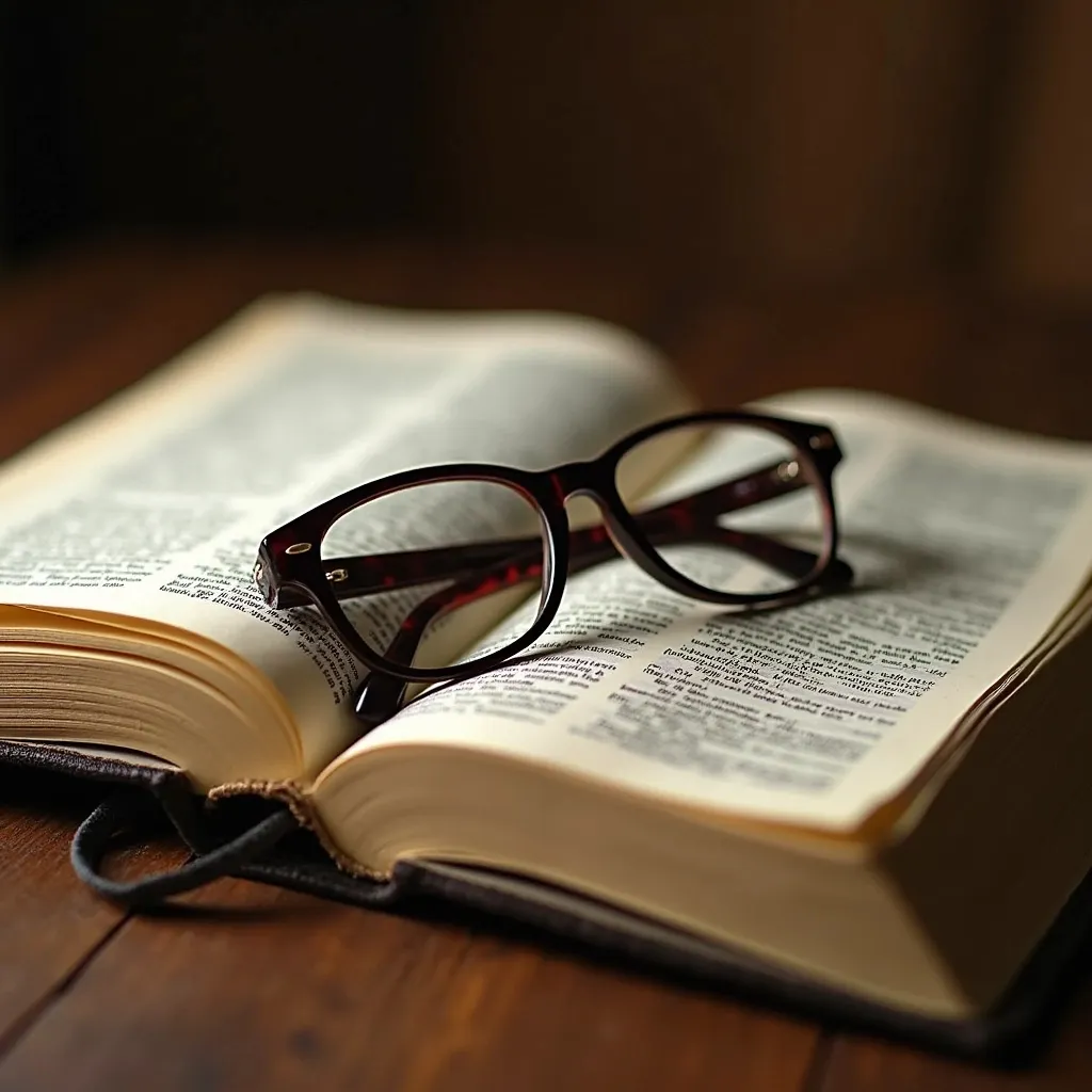 Prompt: Eine Brille die auf einer aufgeschlagenen Bibel liegt
