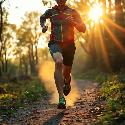 Prompt: "Uma cena vibrante de uma pessoa correndo ao amanhecer em uma trilha natural, com raios dourados do sol atravessando as árvores ao fundo. O corredor usa roupas esportivas modernas com detalhes refletivos e está cercado por um ambiente tranquilo, com folhas caindo ao chão. Adicione uma sensação de movimento com poeira leve levantada pelos passos. Capture a determinação no rosto da pessoa, simbolizando superação e energia."