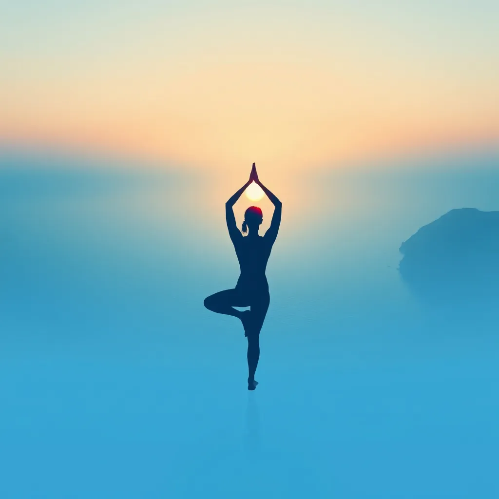 Prompt: Estilo de Vida e Saúde: "Uma pessoa praticando yoga ao nascer do sol em um penhasco à beira-mar, com um visual minimalista e tons suaves de azul e laranja. Adicione uma sensação de tranquilidade e bem-estar."um efeito visual futurista e artístico."