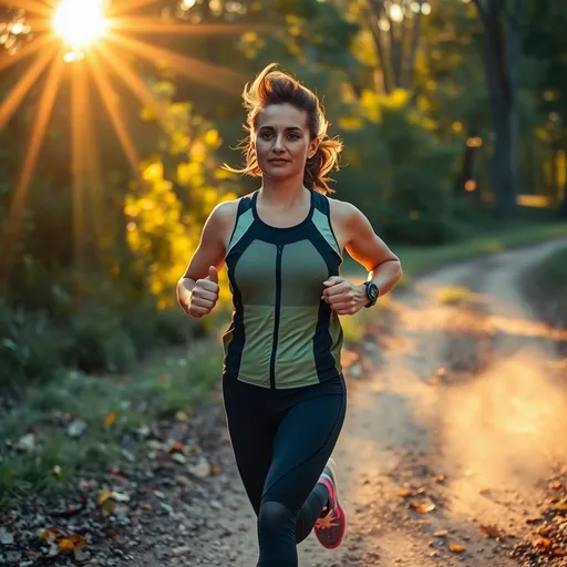 Prompt: "Uma cena vibrante de uma pessoa correndo ao amanhecer em uma trilha natural, com raios dourados do sol atravessando as árvores ao fundo. O corredor usa roupas esportivas modernas com detalhes refletivos e está cercado por um ambiente tranquilo, com folhas caindo ao chão. Adicione uma sensação de movimento com poeira leve levantada pelos passos. Capture a determinação no rosto da pessoa, simbolizando superação e energia."