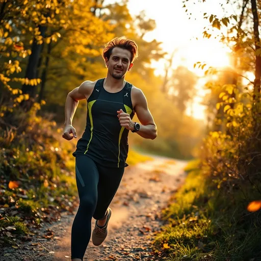 Prompt: "Uma cena vibrante de uma pessoa correndo ao amanhecer em uma trilha natural, com raios dourados do sol atravessando as árvores ao fundo. O corredor usa roupas esportivas modernas com detalhes refletivos e está cercado por um ambiente tranquilo, com folhas caindo ao chão. Adicione uma sensação de movimento com poeira leve levantada pelos passos. Capture a determinação no rosto da pessoa, simbolizando superação e energia."