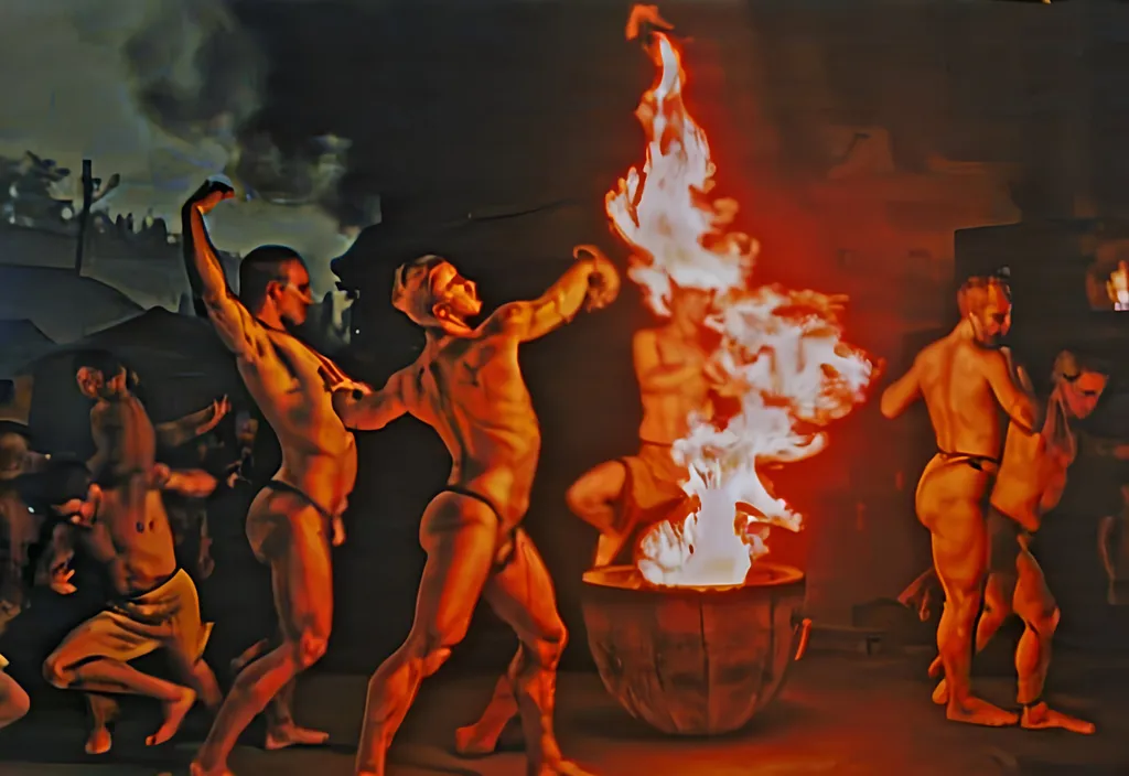 Prompt: Fire Dance by Joseph tomanek, but with men dancing around the fire