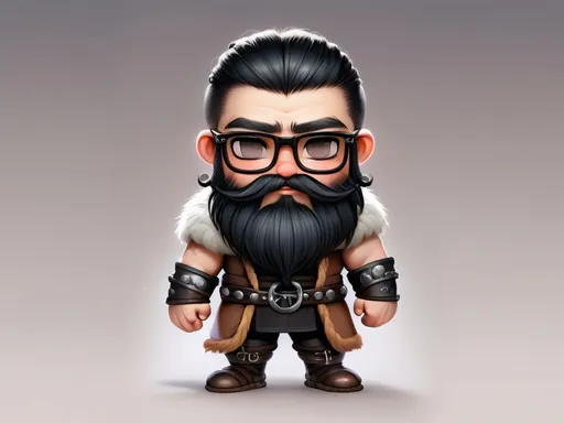 Prompt: conceptual art of a thin viking wearing chibi style glasses with braided black hair and a big beard