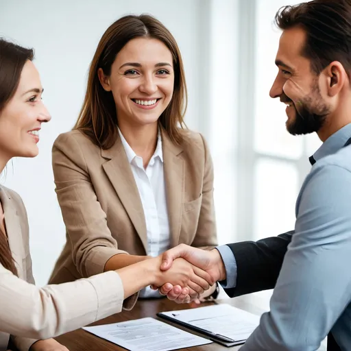 Prompt: show me a really happy business coach shaking hands with a couple who are her clients.  Everyone in the picture is really happy. Make the image look extremely realistic.
