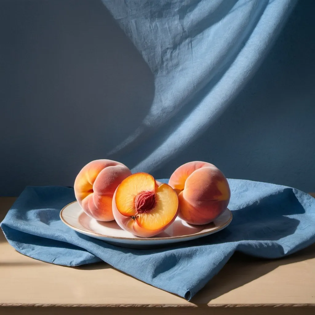 Prompt: 2peaches still life, 1 sliced, light and shade, blue cloth






