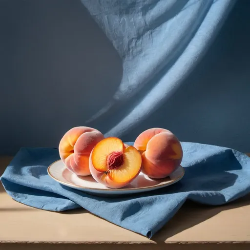 Prompt: 2peaches still life, 1 sliced, light and shade, blue cloth






