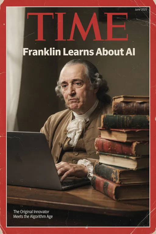 Prompt: Time magazine cover featuring a Cinematic photo of Benjamin Franklin sitting at a desk in front of a laptop with a pile of books beside him. Benjamin has a mildly irritated expression. The magazine has the classic red border, with light usage marks and the title text "Time", with a subheader that reads "Franklin Learns About AI".

Realistic, natural lighting, analog photo, Professional photography shot with portra 400 film stock