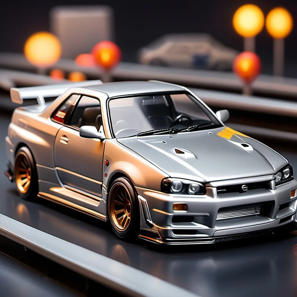 Prompt: "Crie uma animação em loop de um Nissan Skyline R34 em miniatura, com pintura metálica brilhante, dirigindo em uma pista de brinquedo ou em um diorama realista. O carro deve estar em movimento, com as rodas girando suavemente e faróis acesos. O cenário deve incluir uma pista de corrida em miniatura, com detalhes como cones, placas de sinalização e pequenas arquibancadas ao fundo. Adicione efeitos de iluminação suave para destacar os reflexos na pintura do carro e uma sensação de movimento, como uma leve poeira saindo das rodas. A câmera deve estar em um ângulo baixo, seguindo o carro de lado, para dar uma perspectiva dinâmica e divertida, mantendo o estilo de miniatura.
Agora adicione uma legenda na imagem escrito HOTWHEELS GARAGE, no top da imagem, usar uma letra do hotwheels, falou adicionar na imagem uma escrito  HOTWHEELS GARAGE
