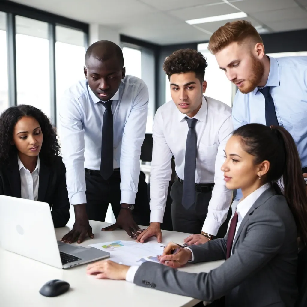 Prompt: a young multi-ethnic team working together in office