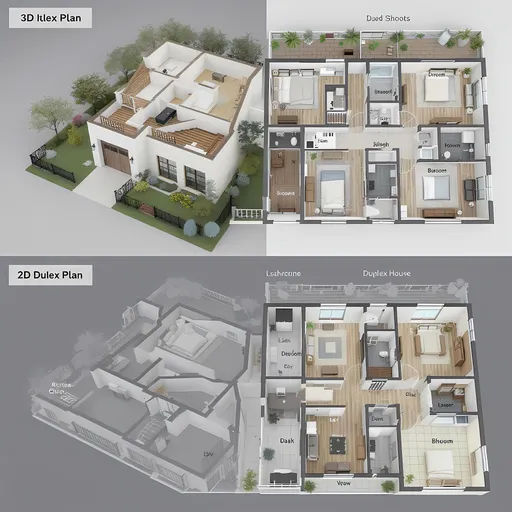 Prompt: regener un plan architectural 3 d et 2d d'une maison duplex