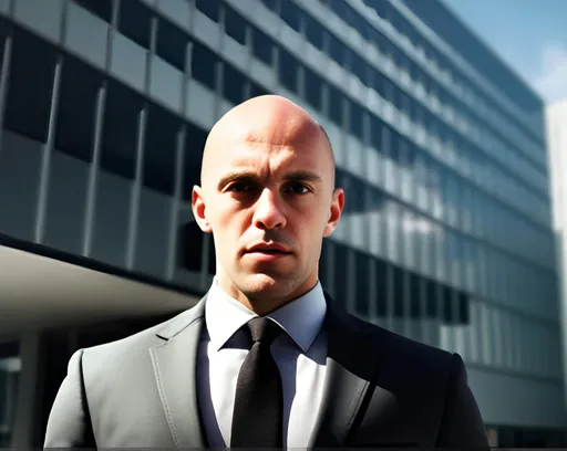 Prompt: a man with a bald head dressed in business attire Infront of an office with a professional expression,Dariusz Zawadzki, postminimalism, physically based rendering, a stock photo, handsome, thin, serious